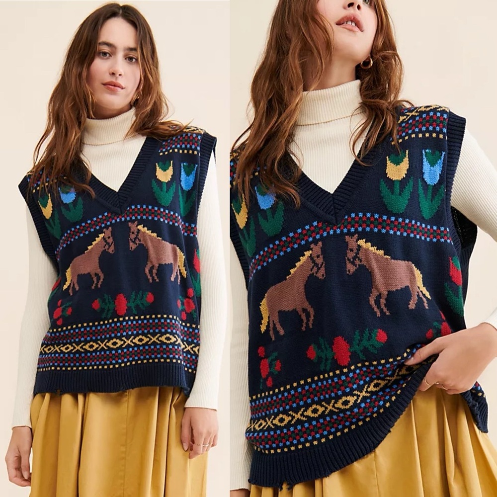 Free People Navy Horse Isles Knit Sweater Vest Medium Equestrian Cottage EUC - Picture 7 of 13